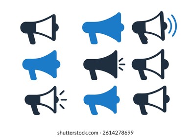 A vector pack of megaphone icons is available in black and blue hues