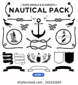 Vector pack of nautical elements. Rope swirls, logos and badges.