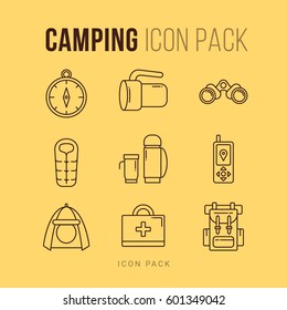 Vector pack of outlined  icons. Camping and tourism icons illustrated in simple style.
