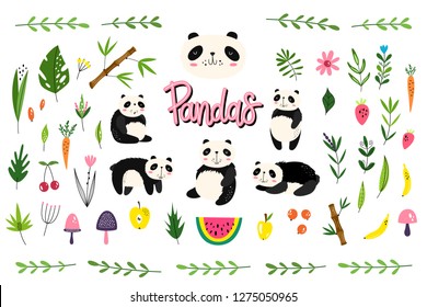 Vector pack with pandas, fruits and plants. Hand-drawn style. Scandinavian motives. Set of 45 elements.