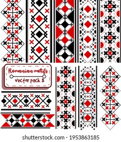 Vector pack with romanian and moldavian seamless patterns and title borders. Collection of balkan folkloric and national motifs with black and red shades. Bulgarian and hungarian fabric and textures.