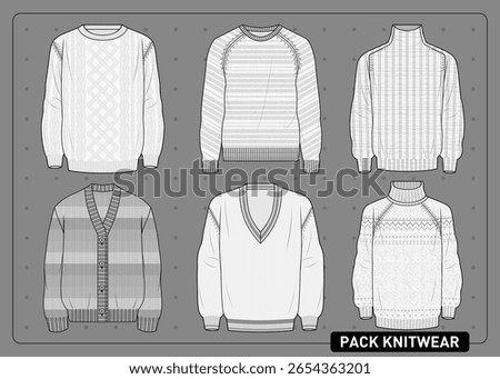 Vector pack with six knitwear flats, showcasing cable, stripes, ribbed, plaid, V-neck, and fair isle textures. Detailed technical sweater illustrations in monochrome style.