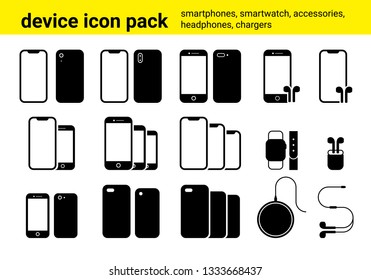 Vector pack of somply illustrated icons containung smartphone models, airpods and other accessories