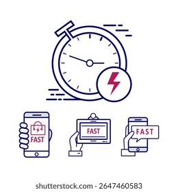 A vector pack with stopwatch, mobile, and lightning icons. Ideal for fast delivery apps, speed optimization UI, or tech startups promoting instant service.