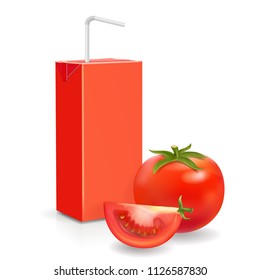 Vector pack of tomato juice and straw. Realistic juice package