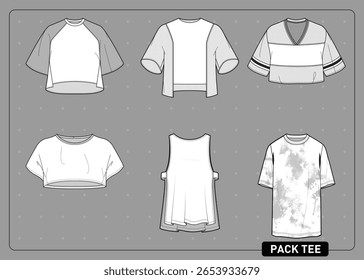 Vector pack of women’s T-shirts and blouses with detailed sewing lines. Urban and casual designs, perfect for fashion, streetwear, and collection development.