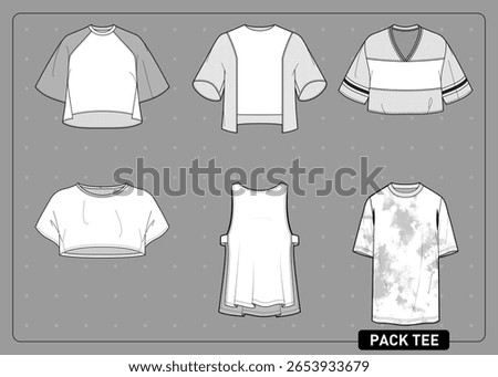 Vector pack of women’s T-shirts and blouses with detailed sewing lines. Urban and casual designs, perfect for fashion, streetwear, and collection development.