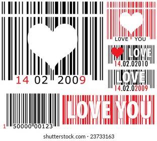 vector pack of Valentine barcode with LOVE YOU and DATE tags