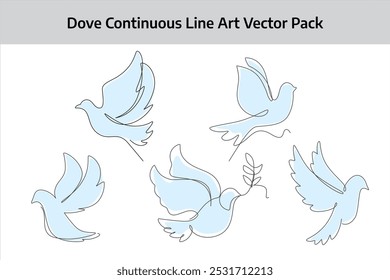 Vector pack White dove in one continuous line drawing . Bird symbol of peace and freedom in simple linear style. Editable stroke. Doodle outline vector pack illustration