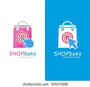 Vector package and click logo combination. Shop and cursor symbol or icon. Unique buy and sale logotype design template.