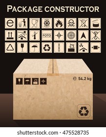 Vector package constructor with box. Packaging symbols.  Icon set including waste recycling, fragile, flammable, this side up, handle with care, keep dry and others. Vector illustration
