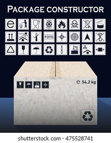 Vector package constructor with box. Packaging symbols.  Icon set including waste recycling, fragile, flammable, this side up, handle with care, keep dry and others. Vector illustration