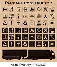 Vector package constructor. Packaging symbols.  Icon set including waste recycling, fragile, flammable, this side up, handle with care, keep dry and others. Vector illustration