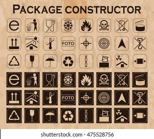 Vector package constructor. Packaging symbols.  Icon set including waste recycling, fragile, flammable, this side up, handle with care, keep dry and others. Vector illustration
