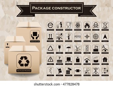 Vector package constructor. Packaging symbols.  Icon set including waste recycling, fragile, flammable, this side up, handle with care, keep dry and others - stock vector