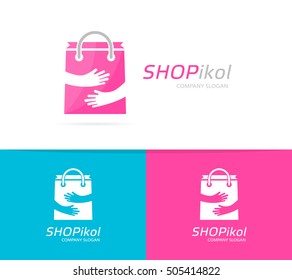 Vector package and hands logo combination. Shop and embrace symbol or icon. Unique buy and sale logotype design template.