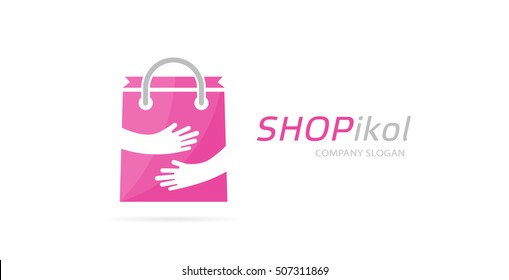 Vector package and hands logo combination. Shop and embrace symbol or icon. Unique buy and sale logotype design template.