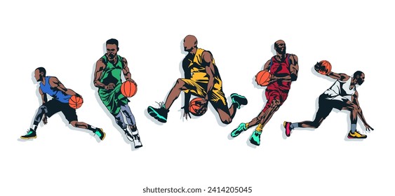 paquete vectorial de siluetas de personas, siluetas de atletas de baloncesto. silueta de jugador de baloncesto. estilo de diseño de silueta abstracta. silueta de persona. concepto de deporte de baloncesto