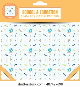 Vector package of seamless pattern of items for education on the checkered background.