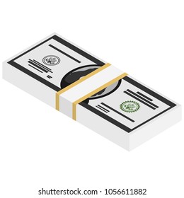 Vector packages of banknotes . Pile of cash Isometric illustration. Hundreds, thousands  of dollars