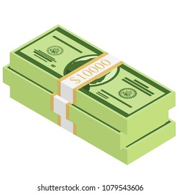 Vector packages of banknotes . Pile of cash Isometric illustration. Hundreds, thousands  of dollars