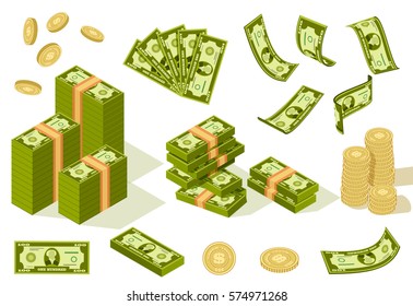 Vector packages of banknotes in various angles. Pile of cash Isometric illustration with stack of golden coins. Hundreds of dollars in flat cartoon style