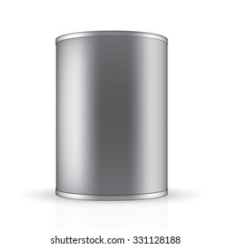 VECTOR PACKAGING: Aluminum tin round container on isolated white background. Mock-up template for design.