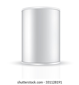 VECTOR PACKAGING: Aluminum tin round container on isolated white background. Mock-up template for design.