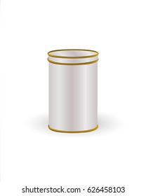 VECTOR PACKAGING: Aluminum tin round container in white,with lid, with yellow relief isolated white background. Mock-up template for design
