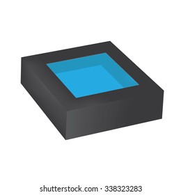 VECTOR PACKAGING: Black packaging box with top window, blue inside on isolated white background. Mock-up template ready for design.
