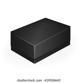 VECTOR PACKAGING: Black closed mobile phone or shoe box on isolated white background. Mock-up template ready for design.