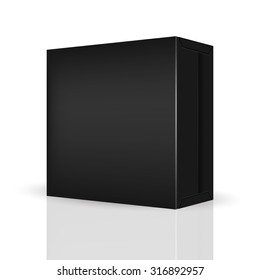 VECTOR PACKAGING: Black package box on isolated white background. Mock-up template ready for design