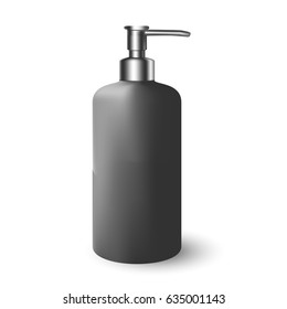 Vector Packaging: Black round Cosmetic Bottle beauty products with silvery pump cap on white background. Mock-up template ready for design.