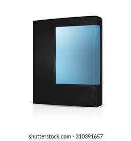 VECTOR PACKAGING: Black software packaging box with front blue window on isolated white background. Mock-up template ready for design.