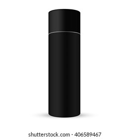 VECTOR PACKAGING: Black tall round container with ribbed screw cap/lid on isolated white background. Mock-up template for design.