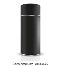 VECTOR PACKAGING: Black tin round container on isolated white background. Mock-up template for design.