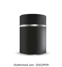 VECTOR PACKAGING: Black tin round container on isolated white background. Mock-up template for design.