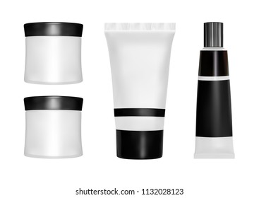  Vector packaging. Body care products. Oil, lotion or soap, shampoo, cream. Realistic bottle mock up set. Isolated pack on white background.