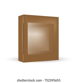 VECTOR PACKAGING: Brown Package Square Box With Front Window On Isolated White Background. Mock-up Template Ready For Design