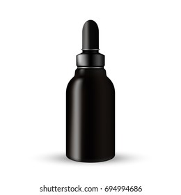 Vector Packaging: Dark Glass Cosmetic or medicine Bottle beauty products with black dropper lid on white isolated background. Mock-up template ready for design.