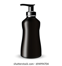 Vector Packaging: Dark Glass Cosmetic Bottle beauty products with black pump lid on white isolated background. Mock-up template ready for design.