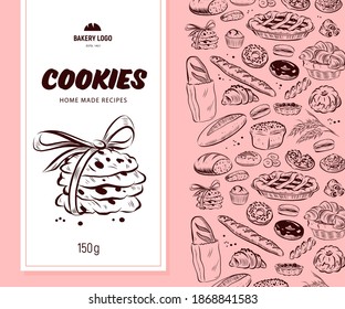 Vector packaging design with bakery goods pattern and cookies label, banner. Hand drawn cookie illustration, vintage sketch style. Line art.