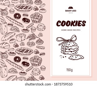 Vektorverpackungsdesign mit Bakerware-Muster und Plätzchen-Etikett, Banner. Handgezeichnete Keksgrafik, Doodle-Stil. Line Art.