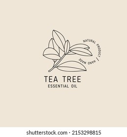 Vector Packaging Design Element And Icon In Linear Style - Tea Tree Oil - Healthy Vegan Food. Logo Sign