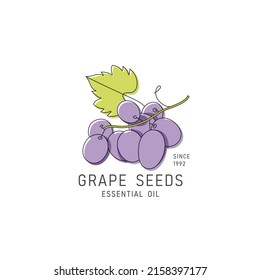 Diseño de empaque vectorial e ícono en estilo lineal - aceite de semillas de uva - alimento vegetal saludable. Signo de logotipo