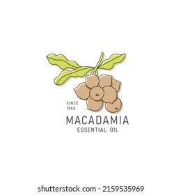 Vector packaging design element and icon in linear style - macadamia oil - healthy vegan food. Logo sign