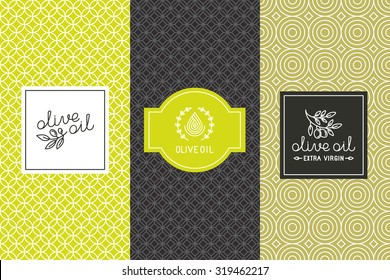 Vector packaging design elements and templates for olive oil labels and bottles - seamless patterns for background and stickers with logos and lettering