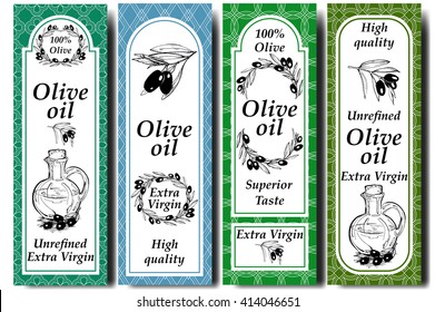 Vector packaging design elements and templates for olive oil labels and bottles - seamless patterns for background and stickers with logos. Hand drawn olive branch with olives, bottle of olive oil.