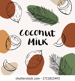 Vector packaging design and template for labels and bottles with coconut milk. Abstract colorful background with doodle hand drawn elements. background and stickers for natural, organic food