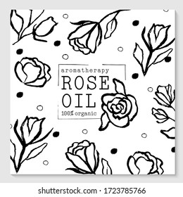Vector packaging design and template for labels and bottles of rose oil. Doodle hand drawn elements. Background and stickers for natural, organic cosmetics, food